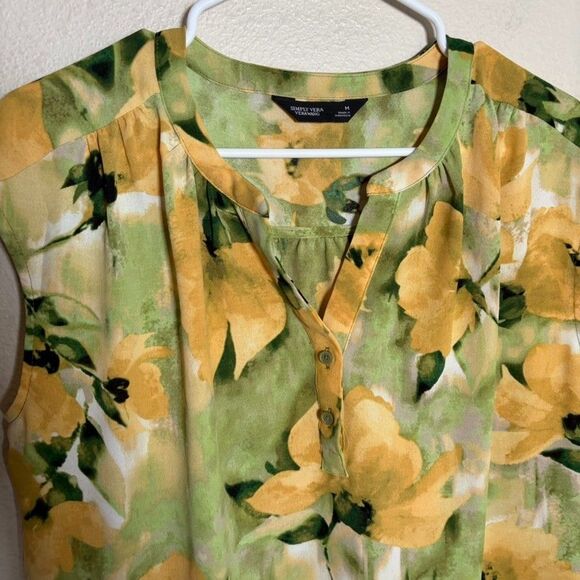 Simply Vera Vera Wang Blouse Women's Medium Floral V-Neck Popover Cap Sleeve - Picture 2 of 8
